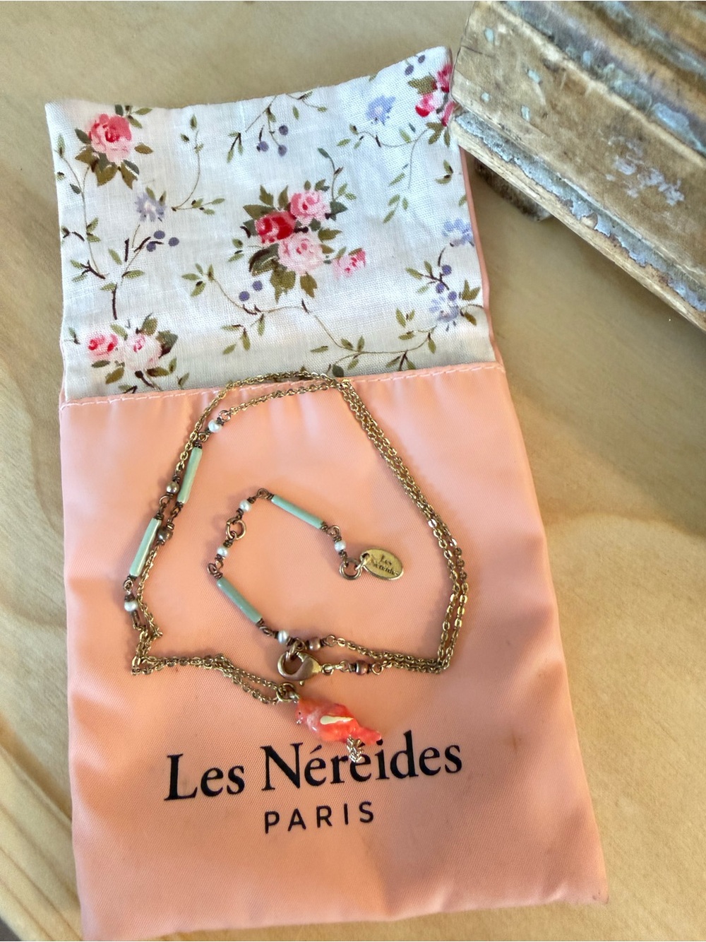Vintage Les Néréides Paris Pink Bird & Turquoise Bead Necklace